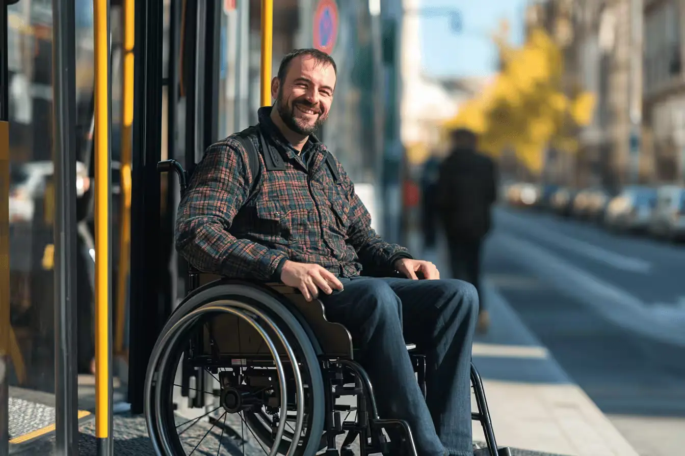 Happy passenger in a wheelchaisr